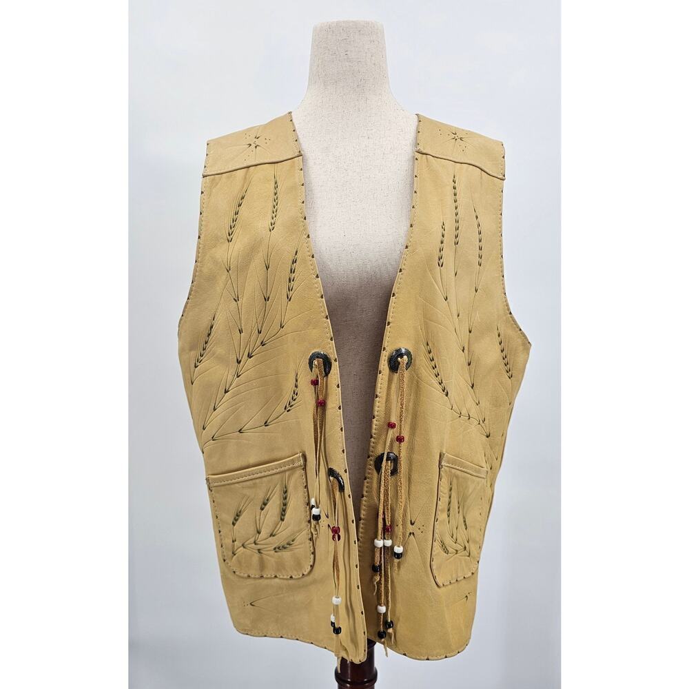 Vtg Tan Leather Etched Vest w/Tassels